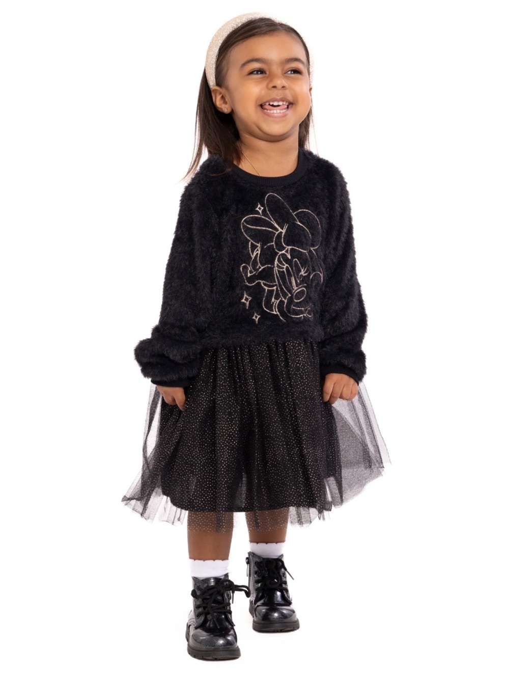 Disney Minnie Mouse Black Fuzzy Eyelet Sweater Dress w Tulle Skirt Size 4T NWT